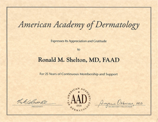 Dermatology News New York City - AAD Certificate for 25 years of continuous membership and support 