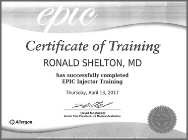 Cosmetic Dermatologist NYC Awards - Dr. Shelton was awarded the Certificate for Epic Trainier