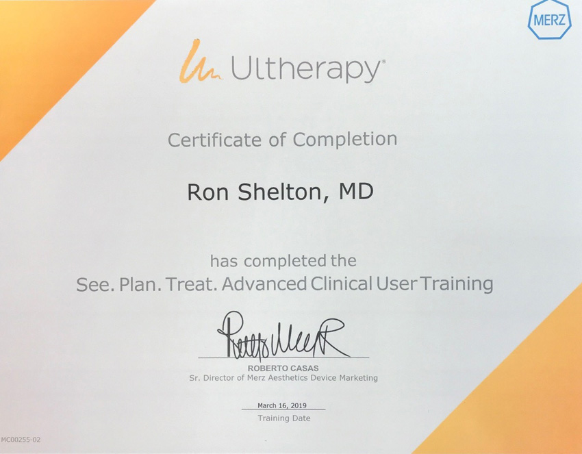 Dr Shelton was awarded the Ultherapy Certificate of Completion for attending the NYC Ultherapy Advanced Users Conference in March 2019